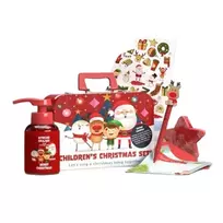 HISKIN_SET Vaikų kalėdinis rinkinys žaidžiantis muilas 200ml + kalėdinė dovanų kojinė 1vnt + kalėdiniai lipdukai 1vnt + rašiklis 1vnt + Kalėdų senelio kanceliarinės prekės 1vnt + žvaigždėtas vonios kamuolys 1vnt + metalinis dėklas