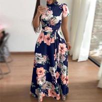 Elegantiška gėlių rašto vasarinė ilga suknelė moterims, maxi tunika, suknelė vakarėliui, suknelė nuo saulės S mėlyna