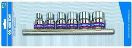 KING TONY STAR SOCETS RINKINYS / TORX 3/8" 6 vnt. SHORT E8 - E18, CHROME, ON bėgelis
