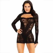 LEG AVENUE DRESSES Leg Avenue Mini Dress Lace Long Sleeve Black - Elegant One Size Design