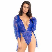 LEG AVENUE TEDDIES Leg Avenue Blue Lace Teddy & Robe Set with Satin Tie, Size S