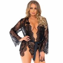 LEG AVENUE SETS Leg Avenue Floral Lace Teddy & Robe Set Black Size L - 3-Piece Elegant Set