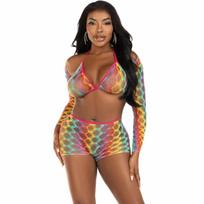LEG AVENUE SETS Leg Avenue Three-Piece Set Rainbow Mesh - Top, Bolero & Shorts, One Size