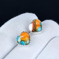 Orange Spiny Oyster Earrings | 925 Sterling Silver Stud Earrings | Handmade Gemstone Love Studs Heart Earrings | Boho Jewelry Wadding  Gift 3.5 Cm oranžinė