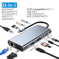 12-in-1 USB C dokas TYPE C į HDMI adapteris 4K HD PD 100W VGA RJ45 3.5mm SD TF USB 3.0 skirstytuvas nešiojamam kompiuteriui MacBook 11 in 1