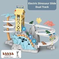Elektrinė dviejų takelių dinozaurų automobilio čiuožykla, laiptų kopimas, nuotykis, dinozaurų bėgelių automobilis, muzikiniai edukaciniai žaislai vaikams, dovana žalia
