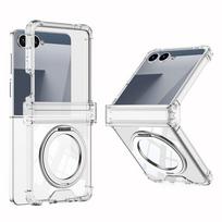 For Samsung Galaxy Z Flip 7 Case Transparent Four Corner Anti Fall Protection Fold Hinge Hard Case Magnetic Rotating Ring Holder