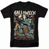Vintage 90s Michael Myers Halloween Horror Movie Graphic T-Shirt Black Retro Spooky Design with Haunted House Bats S