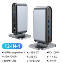 12-in-1 USB C dokas TYPE C į HDMI adapteris 4K HD PD 100W VGA RJ45 3.5mm SD TF USB 3.0 skirstytuvas nešiojamam kompiuteriui MacBook 12 in 1