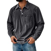 Men's Solid Color T-Shirt Washed Sports Button Pocket Lapel Collar Long Sleeve Tops XL