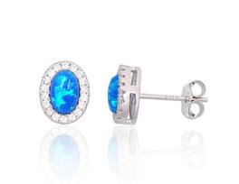 Sidabriniai auskarai smeigtukai su mėlynu opalitu ir cirkoniais, 925 sidabras