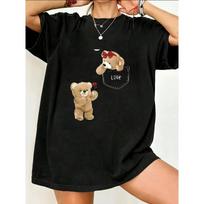 Oversize Women's Short-Sleeve T-Shirt with Rose-Holding Teddy Bear, Bow-Tie Teddy Bear in Pocket and  LOVE  Text Print S juoda
