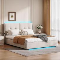 Lova 140*200cm, su LED apšvietimu lovos galvūgalyje ir kojūgalyje, dvigulė lova, medžiaginės kišenės abiejose galvūgalio pusėse, smėlio spalvos, aksomas
