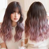 WIGS ilgas banguotas rožinis perukas moterims kasdieniniam vakarėliui, natūraliai atrodantys sintetinių plaukų perukai su pūkuotais kirpčiukais, 24 colių MW6153-1