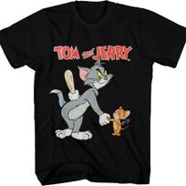 Vyriški Tomo ir Džerio kovos marškinėliai - Klasikiniai Hanna-Barbera marškinėliai - Vintažiniai animacinių filmukų gaudynių marškinėliai S juoda