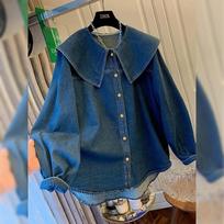 Džinsiniai Marškiniai Blizgūs Moteriški Viršutiniai Drabužiai Peter Pan Apykakle Vintažiniai Vienspalviai Blusas Mujer Korėjietiška Mada Pavasaris Ruduo Camisas XL
