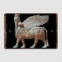 Asirija Asirų Žmogaus Galvos Sparnuotas Jaučio Lamassu Statulėlė Ant Juodo Plakato Metalinė Plokštelė Sienos Urvo Sienos Dekoras Skardinis Ženklas Plakatai 20x30cm