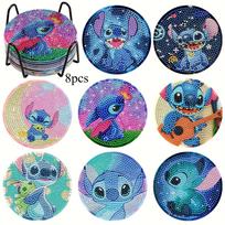 8pc/sets The Stitch Exploration Series Diamond Painting Coasters DIY Diamond Art Coasters 5D Full Drill Diamond Coasters Acrylic Round Cup