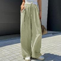 Women's Striped Casual Straight-Leg High-Waisted Loose Trousers L armijos žalia spalva