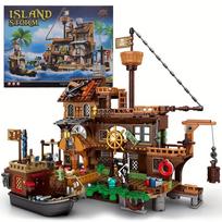 Kūrybingas viduramžių piratų salos tvirtovės pilies statybiniai blokai nuotykių laivas rąstinės namelio modelis valties surinkimas plytos žaislas vaikui dovana
