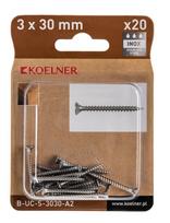 Medsraigčiai KOELNER, 3 x 30 mm, įleidžiama galva, nerūd. plieno A2, 20 vnt., PZ
