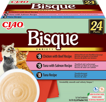 INABA Cat Ciao Bisque - papildomas maistas katėms kreminė sriuba su vištiena, jautiena, tunu ir lašiša 24x40g