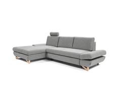 Išskleidžiama apmušaluota L formos kampinė sofa AVESTA, kairinė, pilka, su patalynės dėže