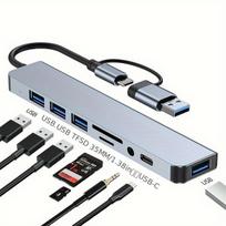 8-in-1 USB C šakotuvas, kortelių skaitytuvas, pritaikytas MacBook ir kitoms Type-C sistemoms.
