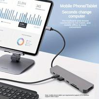 7-in-1 USB C šakotuvas su 4K HDMI, kortelių skaitytuvas ir greitas įkrovimas.