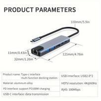 Nešiojamas C Tipo Daugiafunkcinis Adapteris su Jungtimi HDTV, USB, PD, RJ45 6 Viename Stotelė Dell/Surface/HP Nešiojamiesiems Kompiuteriams.