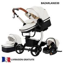 BAZARLAND30. 3 in 1 Kūdikio Vežimėlis Kombinuotas Sėdynė-Auto Lova Trio Apverčiamas PU oda Nepripučiamieji ratai Kanė. balta