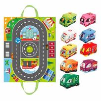 Montessori minkšto audinio automobilinis žaislų rinkinys su žaidimų kilimėliu ir 9 transporto priemone, skirtas kūdikių interaktyviems garsiniams popieriniams barškučiams žaislams 12–18 mėn.