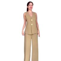 2 Pcs/Set Women Vest Pants Suit V Neck Button-down Sleeveless Top Wide Leg M chaki