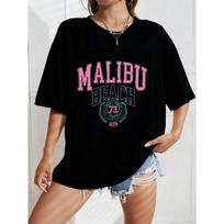 Per dydžio T-shirt Balta Malibu paplūdimio grafinis spaudinys su rožiniu ir mėlynu tekstu bei 73 logotipu Vasaros kasdieniai drabužiai moterims S juoda