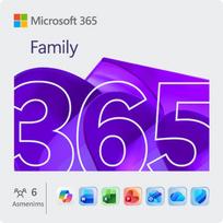 Microsoft 365 Family (Word, Excel, PowerPoint, OneNote, Outlook, Publisher, Access, Copilot) ir jo papildomo internetinio serviso, skirta nekomercinei veiklai, 1 metų naudojimo prenumerata 5 įrenginiams, elektroninis produkto raktas pakuotėje EU rinkai, Angl. k.,