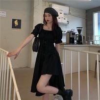 Moteriška balta suknelė Vasarinė Elegantiška Vintažinė Kawaii Puff Sleeve Midi Suknelė Kvadratinė apykakle Tvarstis Sundress Goth Apranga S juoda