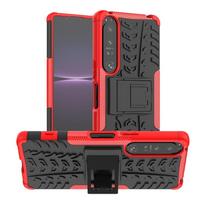 For Sony Xperia 1 IV Tire Texture TPU + PC Phone Case with Holder For Sony Xperia 1 IV mėlyna