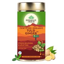 TATA Organic India Tulsi imbiero arbata, 100 g pakuotė | Antioksidacinė žolelių arbata | Streso mažinimas ir virškinimo palaikymas | Be kofeino, iš visų žolelių