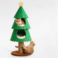 Kalėdinė katės medžio bokštas su 2 jaukiais nameliais ir pomponais, daugiaaukštis katės namelis-lova vidaus katėms, modernūs katės baldai, katės žaislai cat tree žalia