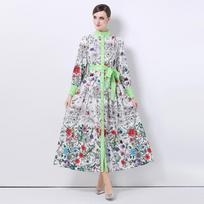 Spring Autumn Women Designer Vintage Print Runway Dress Single Breasted Oversized Loose Long Maxi Lace-up Party Dresses M balta