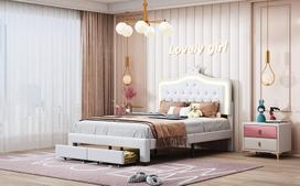 Lova 140 × 200 cm,su LED lemputėmis ir 2 stalčiais, balta, PU medžiaga