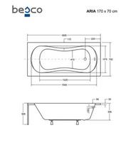 Vonia Besco Aria Plus, 170 x 70 cm, su rankenėlėmis ir rifliuota balta apdaila