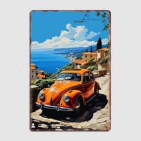 Oranžinis VW Beetle Kompaktiškas automobilis Specifikacijos Retro Klasikinis automobilis Metalinis plakatas Ženklas Garažas Klubas Individualus Sienos Skardos Kambario Dekoras Namų Dekoras 7.9x11.8In(20x30cm)