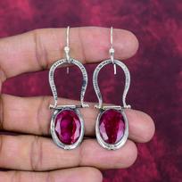 Lab Created Ruby Jewelry, 925 Solid Sterling Silver Earrings Jewelry, Handmade Earrings Gemstone Jewelry For Women 2.63 Inches