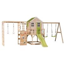 Medinė vaikų žaidimų aikštelė su čiuožykla, sūpynėmis, laipiojimo sienele, Wendi Toys M28L-G, žalias, 342 x 563 x 242 cm