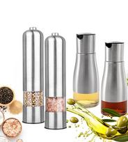 Winder Home metalinių pipirų ir druskos malūnėlių rinkinys, 2 vnt. (sidabriniai) + 2 aliejaus arba acto buteliukai 320 ml