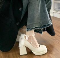 Lolita Shoes Women Japanese Mary Jane Heeled Shoes Women Retro Pearl Bow Ankle Strap High Heel Platform Shoes Chaussure Femme 35