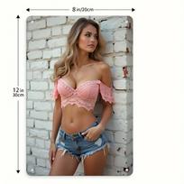 [2D Plokštelė] 1 vnt. Vintažinis Bikini Pin-Up Metalinis Sienos Ženklas - 8x12 colių, Rožinis Atvirų Pečių Dizainas, Retro Meno Kūrinys Restoranams 20x30cm（7.8x11.8inch） white