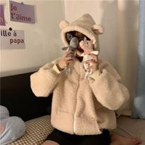 Sweet Kawaii Bear Megztiniai su užtrauktuku Moteriški Japoniški Harajuku Mieli Auskarai Studentų megztiniai su storu gobtuvu žieminiai M abrikosas