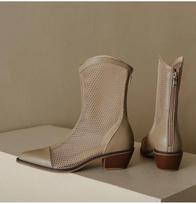 Sandalias de malla para mujer, zapatos de tacón medio, sexys, ahuecados, Punta puntiaguda, albaricoque, negro, alta calidad 35 abrikosas